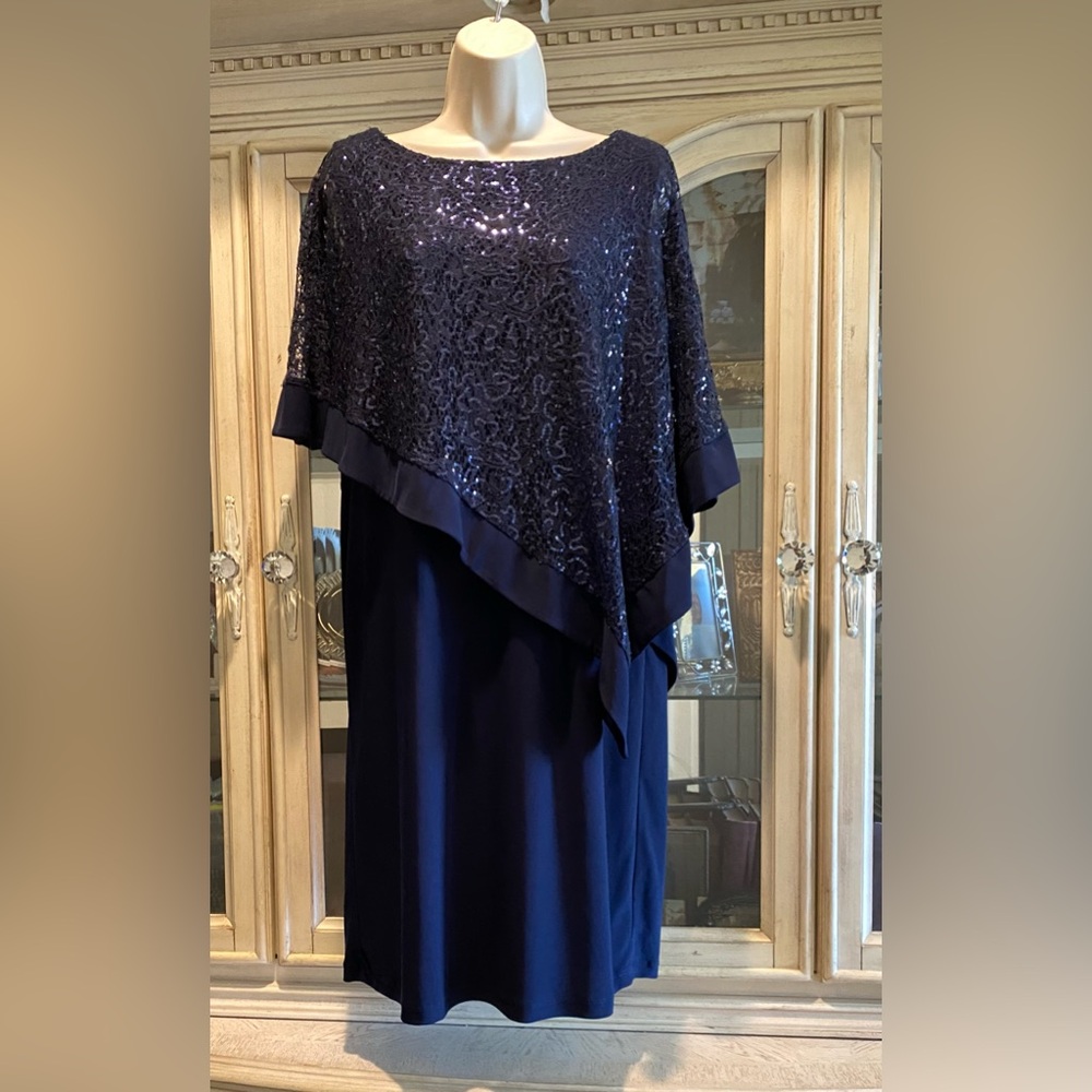 R & M RICHARDS SO SLIMMING a Formal Safire blue sequin+poncho pull on dress  M
